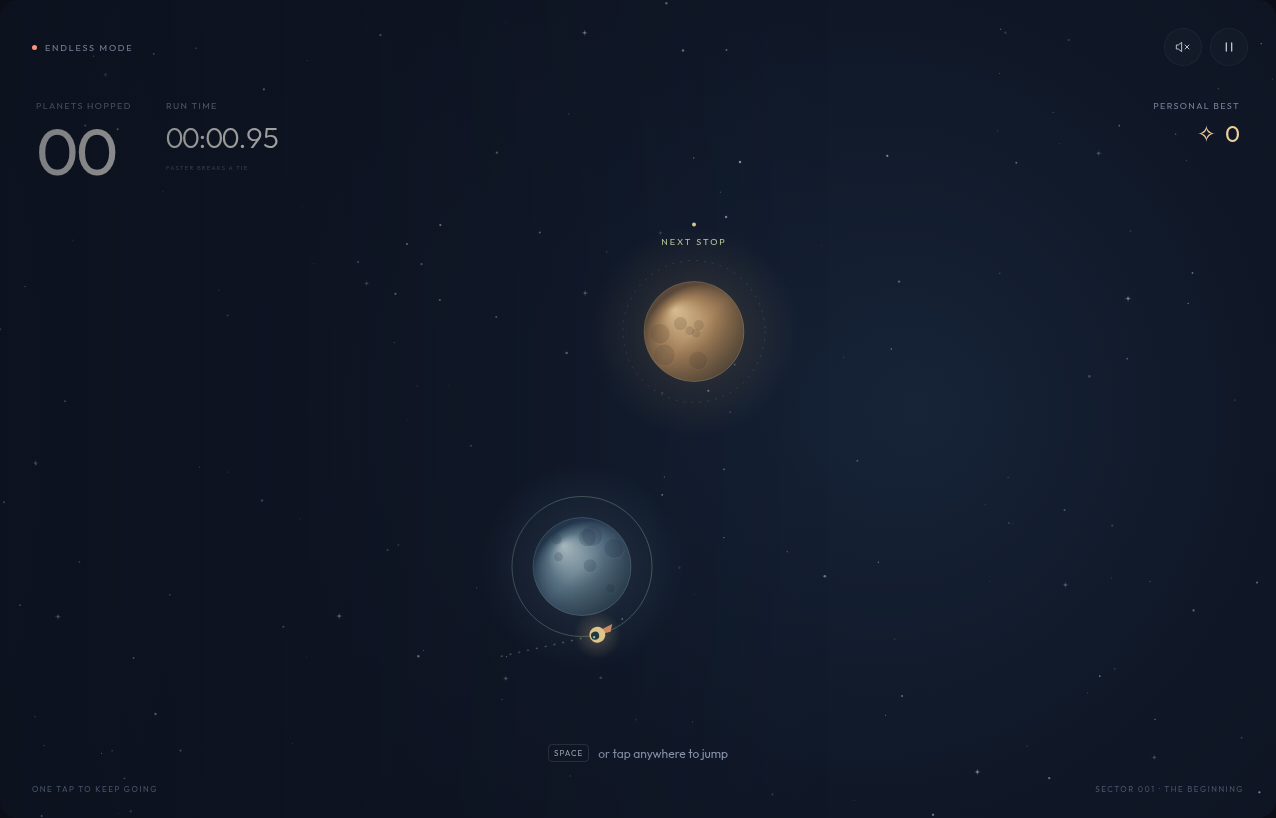 Orbit Hop browser gameplay with a tiny explorer orbiting a planet